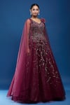 Shop_Samyukta Singhania_Maroon Net Embroidery, Sequins, Stones Embellished Gown With Cape Sleeves _Online_at_Aza_Fashions