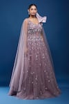Samyukta Singhania_Purple Net Sequins, Stones V-neck Embroidered Gown _Online_at_Aza_Fashions