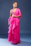 Archana Shah_Pink Sequins V-neck Pre-draped Saree With Embroidered Bustier _Online_at_Aza_Fashions