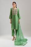 Buy_Surbhi Shah_Green Organza Embroidery, Zari, Sequins, Beads Split V-neck Sitara Kurta Set _Online_at_Aza_Fashions
