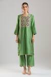 Surbhi Shah_Green Organza Embroidery, Zari, Sequins, Beads Split V-neck Sitara Kurta Set _at_Aza_Fashions