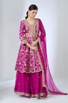 Surbhi Shah Magenta Organza Embroidery, Zari, Sequins V-neck Peplum Kurta Sharara Set Online at Aza Fashions Surbhi Shah_Magenta Organza Embroidery, Zari, Sequins V-neck Peplum Kurta Sharara Set _Online_at_Aza_Fashions