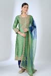 Shop_Surbhi Shah_Green Silk Embroidery, Sequins, Stones Round Neemrana Powder Sage Kurta Set _Online_at_Aza_Fashions