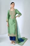 Surbhi Shah_Green Silk Embroidery, Sequins, Stones Round Neemrana Powder Sage Kurta Set _at_Aza_Fashions