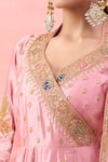 Surbhi Shah_Pink Organza Embroidery, Zari, Gota Patti V-neck Angarkha Set _Online_at_Aza_Fashions