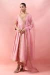 Buy_Surbhi Shah_Pink Organza Embroidery, Zari, Gota Patti V-neck Angarkha Set _at_Aza_Fashions