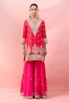 Shop_Surbhi Shah_Red Embroidery, Zari, Gota Patti, Tassels V-neck Gulmohar Kurta Sharara Set _Online_at_Aza_Fashions