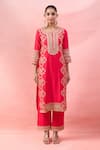Surbhi Shah_Red Embroidery, Mirrors, Sequins, Tassels Split V-neck Phool Kurta Set _at_Aza_Fashions