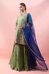 Buy_Surbhi Shah_Green Organza Embroidery, Sequins Split V-neck Kurta Skirt Set _Online_at_Aza_Fashions