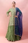 Buy_Surbhi Shah_Green Organza Embroidery, Sequins Split V-neck Kurta Skirt Set _at_Aza_Fashions