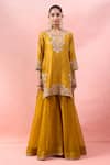 Buy_Surbhi Shah_Yellow Embroidery, Zari, Sequins Round Neck Kurta Sharara Set _Online_at_Aza_Fashions