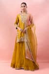Surbhi Shah_Yellow Embroidery, Zari, Sequins Round Neck Kurta Sharara Set _at_Aza_Fashions