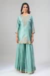 Buy_Surbhi Shah_Blue Organza Embroidery, Zari, Metallic Thread Round Sea Kurta Sharara Set _Online_at_Aza_Fashions