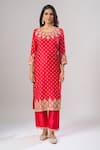 Shop_Surbhi Shah_Red Silk Embroidery, Zari Round Neck Kurta Set _Online_at_Aza_Fashions