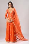 Buy_Surbhi Shah_Orange Organza Embroidery, Metallic Thread, Sequins V-neck Kurta Sharara Set _Online_at_Aza_Fashions