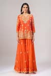 Shop_Surbhi Shah_Orange Organza Embroidery, Metallic Thread, Sequins V-neck Kurta Sharara Set _Online_at_Aza_Fashions