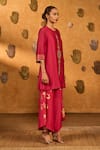 Buy_Masaba_Pink Silk Embroidery, Sequins, Zari, Raspberry Windrop Kurta And Checks Pant Set _Online_at_Aza_Fashions