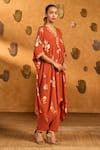 Masaba_Rust Crepe, Silk Foil Printing, Embroidery Moon Garden Kaftan Kurta And Pant Set _at_Aza_Fashions