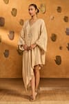 Masaba_Beige Silk Sequins, Embroidery Oatmeal Garden Print Asymmetric Kaftan _Online_at_Aza_Fashions
