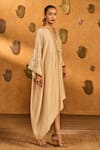Buy_Masaba_Beige Silk Sequins, Embroidery Oatmeal Garden Print Asymmetric Kaftan _Online_at_Aza_Fashions