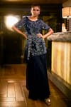 Buy_Babita Malkani_Navy Crepe, Net Sequins, Pearls, Beads Round Embellished Peplum Top With Sharara _at_Aza_Fashions