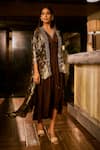 Babita Malkani_Chocolate Georgette V-neck, Open Crystal And Sequins Embroidered Dress With Cape _Online_at_Aza_Fashions