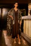 Buy_Babita Malkani_Chocolate Georgette V-neck, Open Crystal And Sequins Embroidered Dress With Cape _at_Aza_Fashions