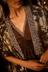 Babita Malkani_Chocolate Georgette V-neck, Open Crystal And Sequins Embroidered Dress With Cape _at_Aza_Fashions