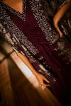 Babita Malkani_Maroon Satin, Georgette Crystals, Sequins V-neck And Embroidered Dress With Cape _Online_at_Aza_Fashions