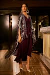 Buy_Babita Malkani_Maroon Satin, Georgette Crystals, Sequins V-neck And Embroidered Dress With Cape _Online_at_Aza_Fashions