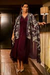 Shop_Babita Malkani_Maroon Satin, Georgette Crystals, Sequins V-neck And Embroidered Dress With Cape _Online_at_Aza_Fashions