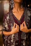 Babita Malkani_Maroon Satin, Georgette Crystals, Sequins V-neck And Embroidered Dress With Cape _at_Aza_Fashions