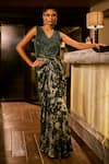 Buy_Babita Malkani_Emerald Green Georgette Crystals, Sequins V-neck And Embroidered Gown _Online_at_Aza_Fashions