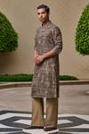 Tarun Tahiliani_Brown Cotton, Jacquard, Suiting Printed Front-open Kurta And Flared Trouser Set _Online_at_Aza_Fashions