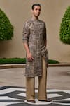 Buy_Tarun Tahiliani_Brown Cotton, Jacquard, Suiting Printed Front-open Kurta And Flared Trouser Set _at_Aza_Fashions