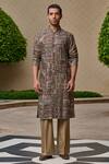 Buy_Tarun Tahiliani_Brown Cotton, Jacquard, Suiting Printed Front-open Kurta And Flared Trouser Set _Online_at_Aza_Fashions