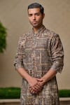 Shop_Tarun Tahiliani_Brown Cotton, Jacquard, Suiting Printed Front-open Kurta And Flared Trouser Set _Online_at_Aza_Fashions