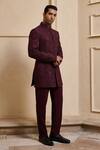 Tarun Tahiliani_Wine Georgette, Cotton Satin Sequins, Embroidery Bandhgala Set _at_Aza_Fashions