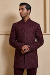 Shop_Tarun Tahiliani_Wine Georgette, Cotton Satin Sequins, Embroidery Bandhgala Set 