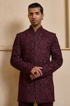 Tarun Tahiliani_Wine Georgette, Cotton Satin Sequins, Embroidery Bandhgala Set _Online