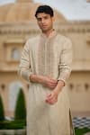 Tarun Tahiliani_Brown Cotton, Poplin, Lycra Embroidery Printed Kurta And Churidar Set  _Online_at_Aza_Fashions