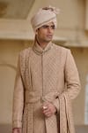Shop_Tarun Tahiliani_Gold Georgette, Silk, Jacquard, Poplin, Lycra, Cotton Dori Sherwani Set _Online_at_Aza_Fashions
