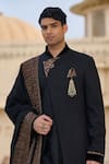 Tarun Tahiliani_Black Chanderi, Jacquard, Cotton, Suiting Embroidery, Achkan Sherwani Kurta Set _Online_at_Aza_Fashions