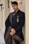 Tarun Tahiliani_Black Chanderi, Jacquard, Cotton, Suiting Embroidery, Achkan Sherwani Kurta Set _at_Aza_Fashions