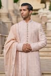 Shop_Tarun Tahiliani_Peach Georgette, Cotton, Jacquard Sequins, Embroidery Chikankari Sherwani Set _Online_at_Aza_Fashions