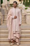Buy_Tarun Tahiliani_Peach Georgette, Cotton, Jacquard Sequins, Embroidery Chikankari Sherwani Set _at_Aza_Fashions