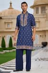 Buy_Tarun Tahiliani_Navy Linen, Poplin, Lycra Embroidery Hand Kurta And Trouser Set _at_Aza_Fashions