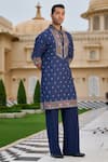 Tarun Tahiliani_Navy Linen, Poplin, Lycra Embroidery Hand Kurta And Trouser Set _Online_at_Aza_Fashions