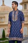 Buy_Tarun Tahiliani_Navy Linen, Poplin, Lycra Embroidery Hand Kurta And Trouser Set _Online_at_Aza_Fashions
