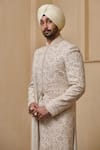 Tarun Tahiliani_Ivory Georgette, Silk, Jacquard, Poplin, Lycra, Cotton Dori Sherwani Kurta Set _Online_at_Aza_Fashions